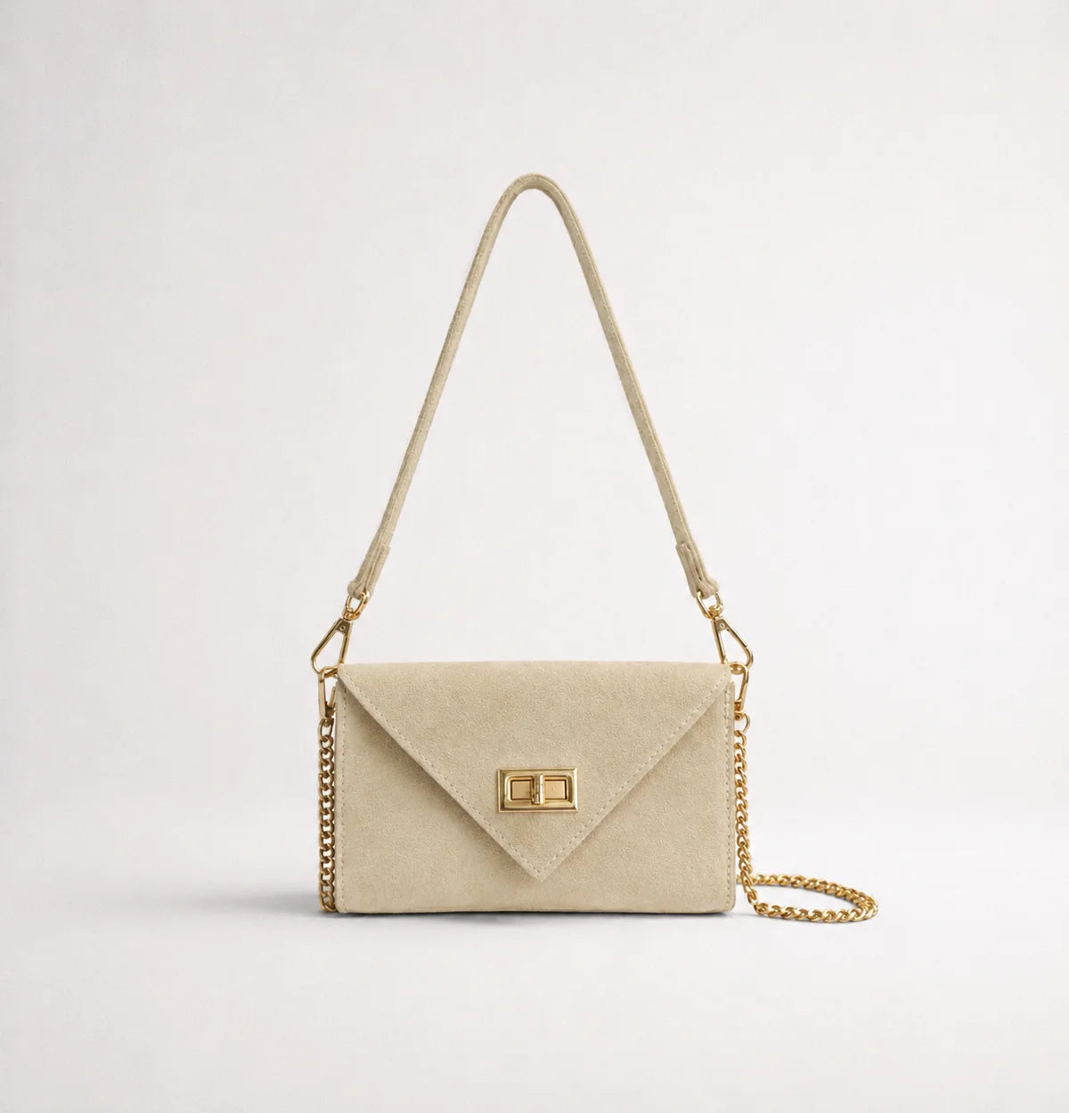 Cream: Italian handmade suede occasion bag in cream with gold chain strap and turn-lock clasp