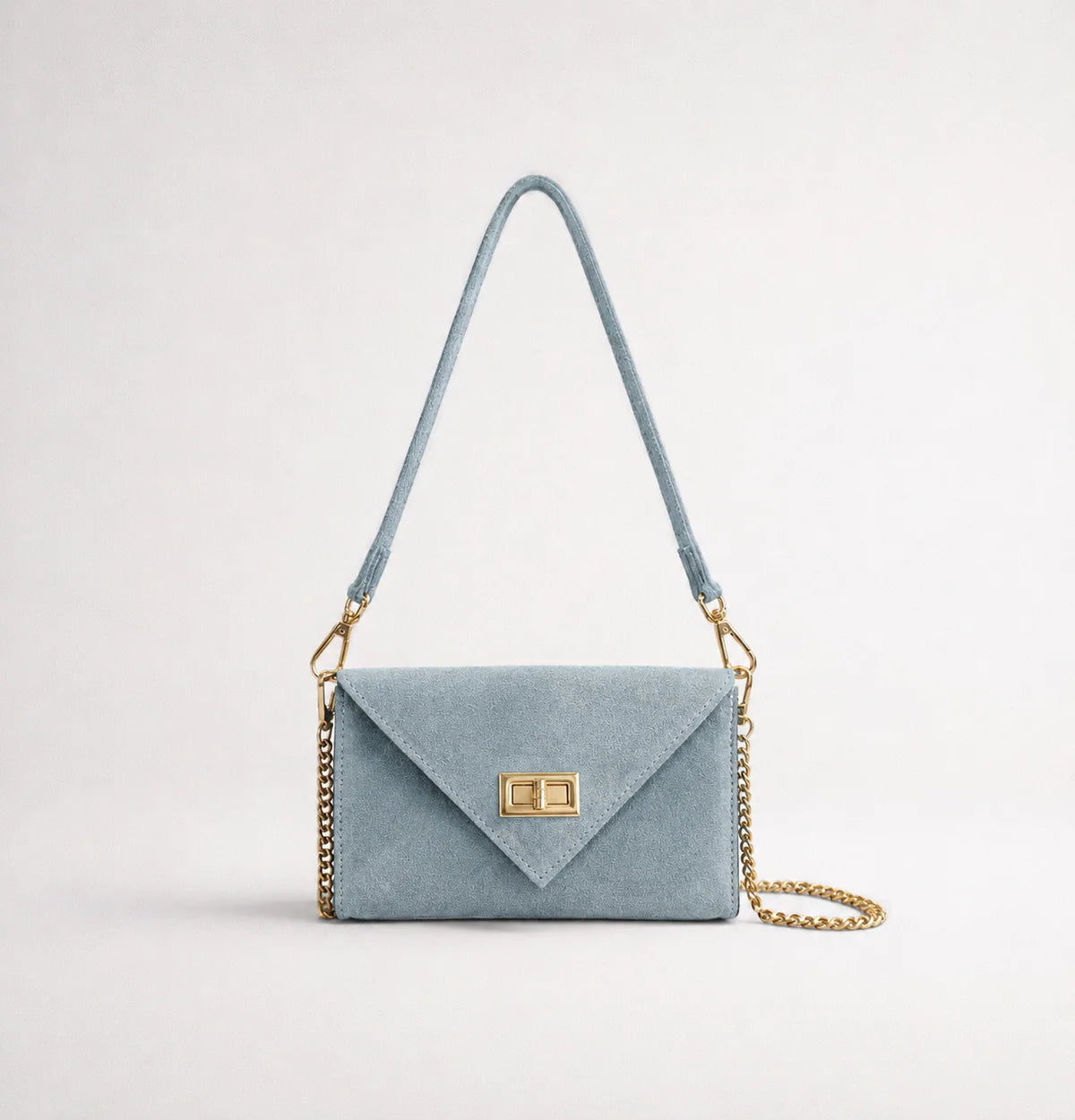 Cloud blue: Italian handmade suede occasion bag in cloud blue with gold chain strap and turn-lock clasp