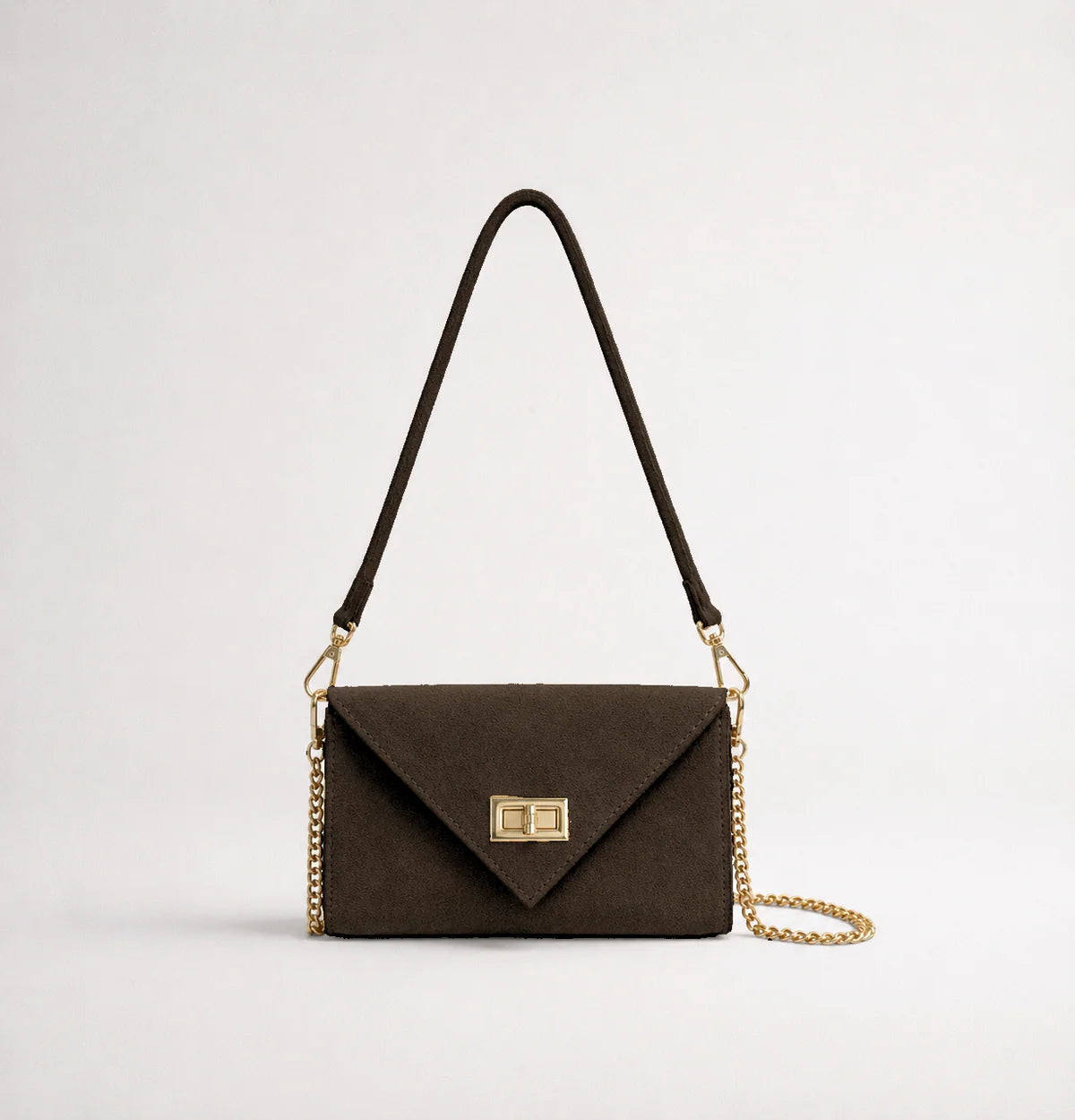 Dark chocolate: Italian handmade suede occasion bag in dark chocolate with gold chain strap and turn-lock clasp