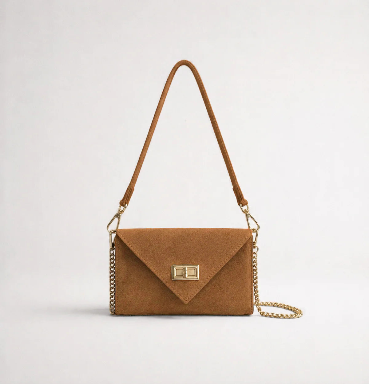 Dark tan: Italian handmade suede occasion bag in dark tan with gold chain strap and turn-lock clasp