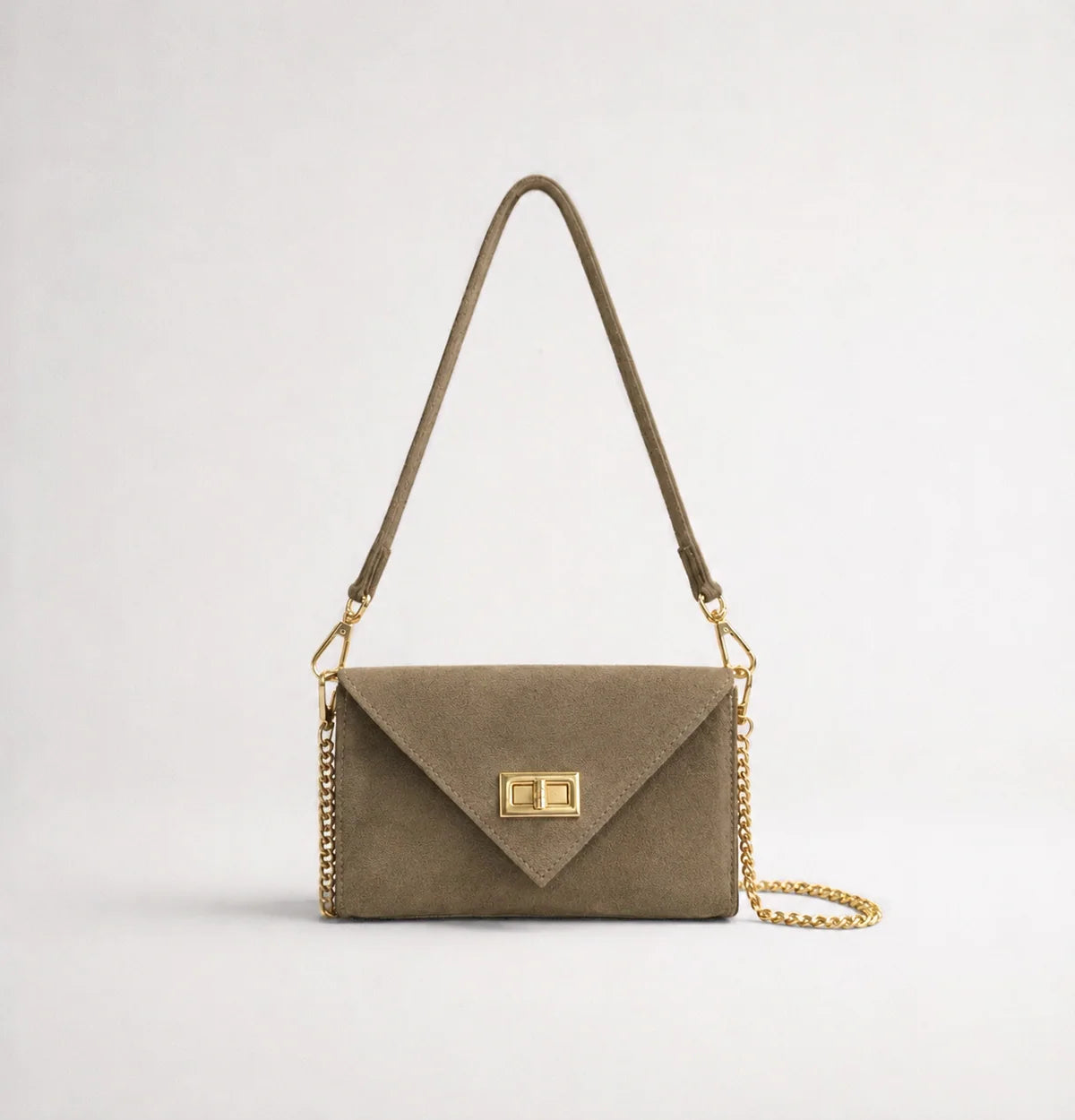 Dark taupe: Italian handmade suede occasion bag in dark taupe with gold chain strap and turn-lock clasp