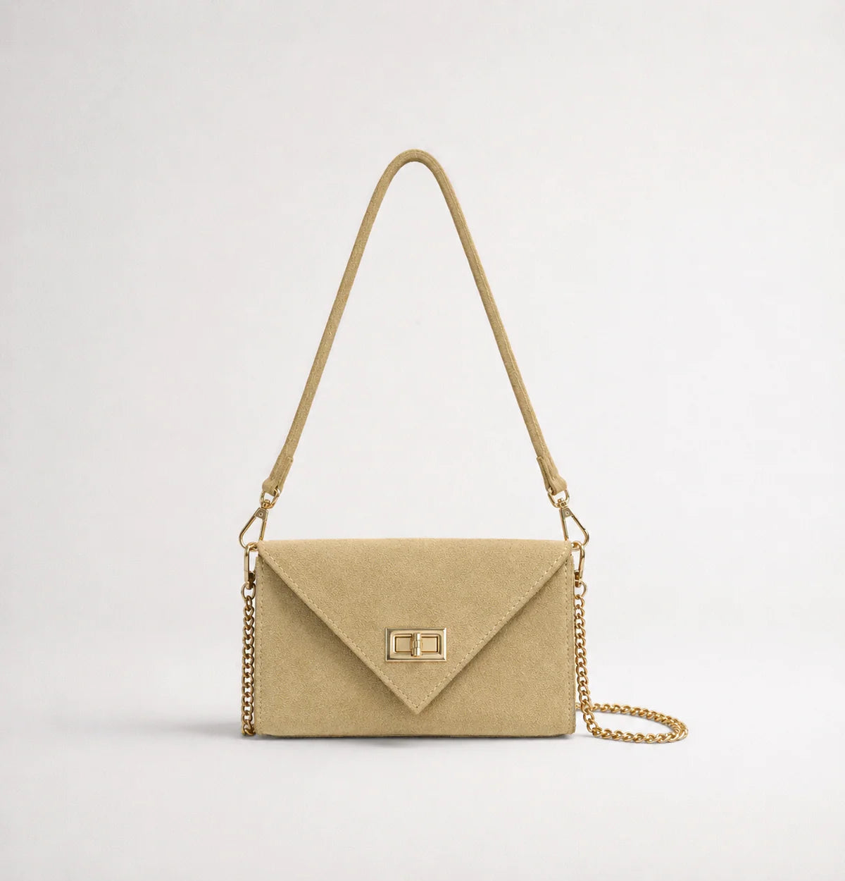Light taupe: Italian handmade suede occasion bag in light taupe with gold chain strap and turn-lock clasp