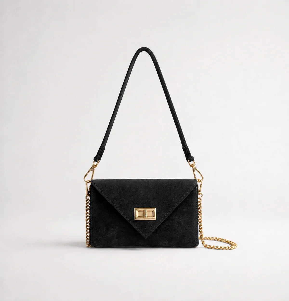 Black: Italian handmade suede occasion bag in black with gold chain strap and turn-lock clasp
