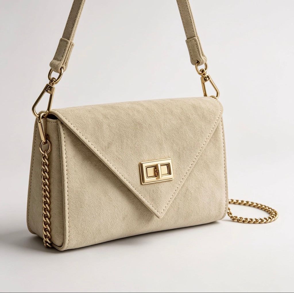 Italian handmade suede occasion bag in cream with gold chain strap, angled side view showing envelope flap and turn-lock clasp