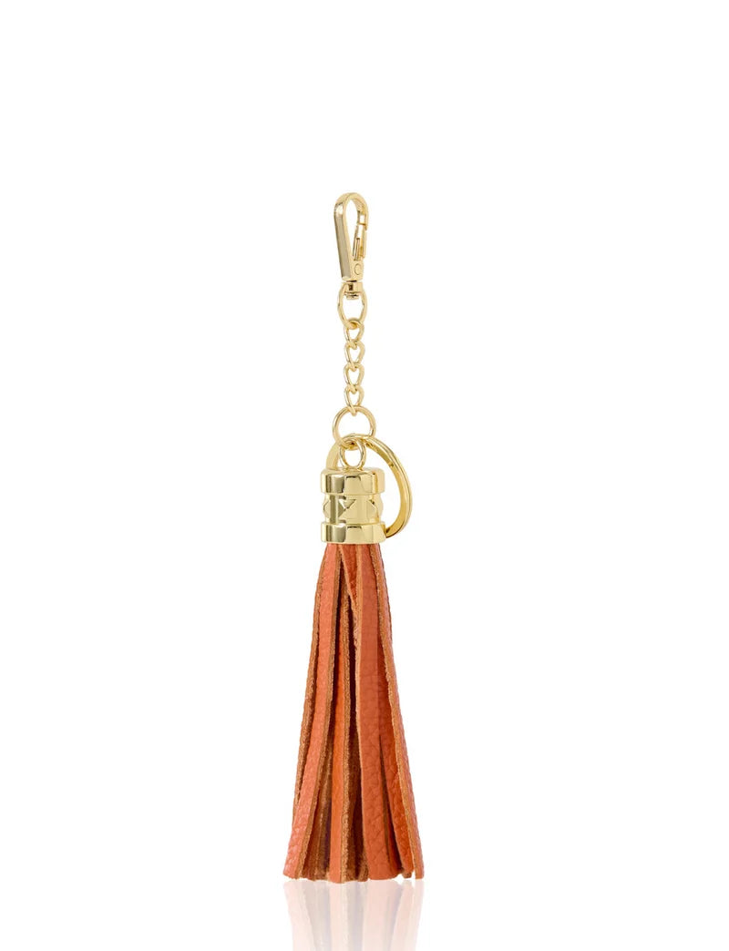 Italian Leather Tassel Keyring & Bag Charm in burnt orange with gold-tone hardware — MERLEORA