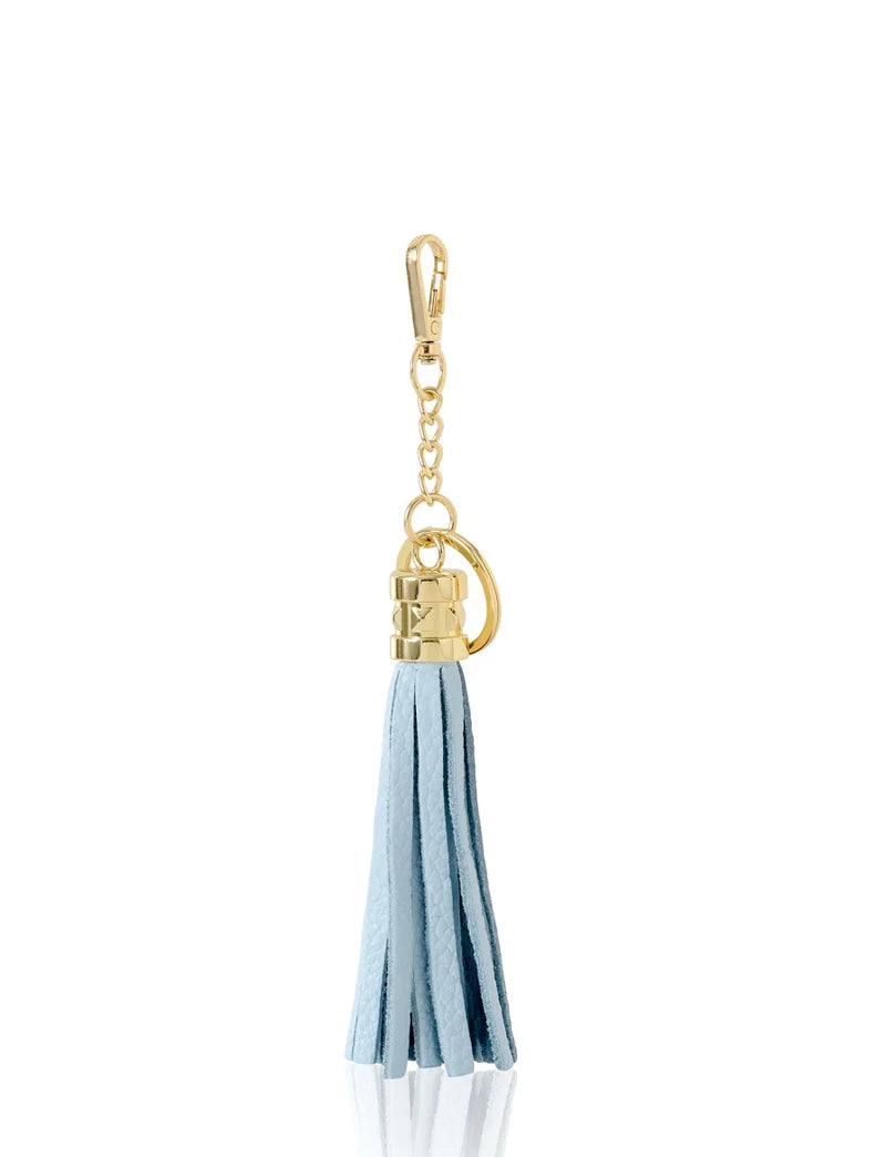 Italian Leather Tassel Keyring & Bag Charm in cloud blue with gold-tone hardware — MERLEORA