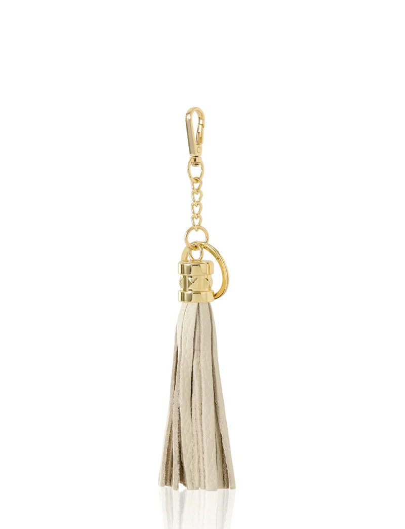 Italian Leather Tassel Keyring & Bag Charm in cream with gold-tone hardware — MERLEORA