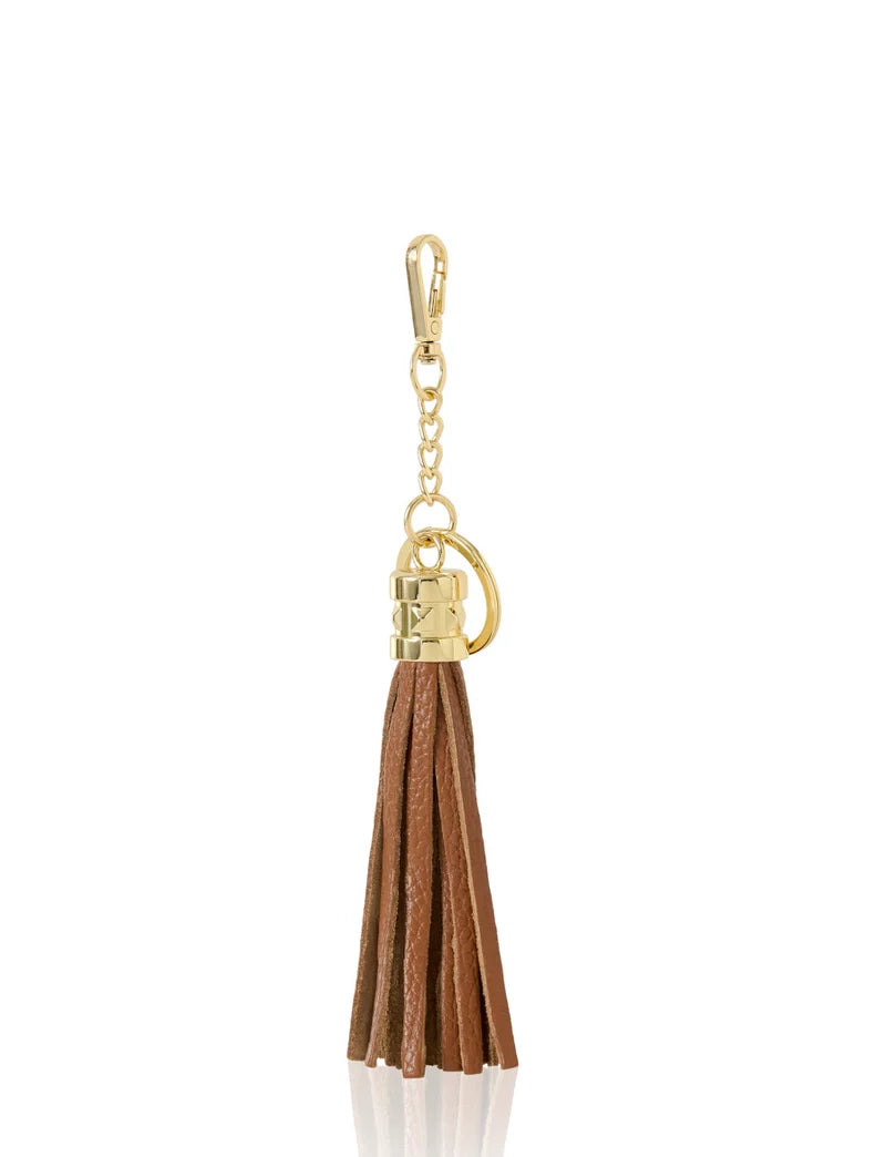 Italian Leather Tassel Keyring & Bag Charm in dark tan with gold-tone hardware — MERLEORA