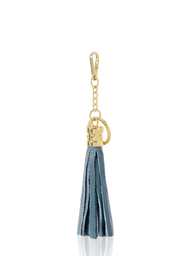 Italian Leather Tassel Keyring & Bag Charm in denim blue with gold-tone hardware — MERLEORA