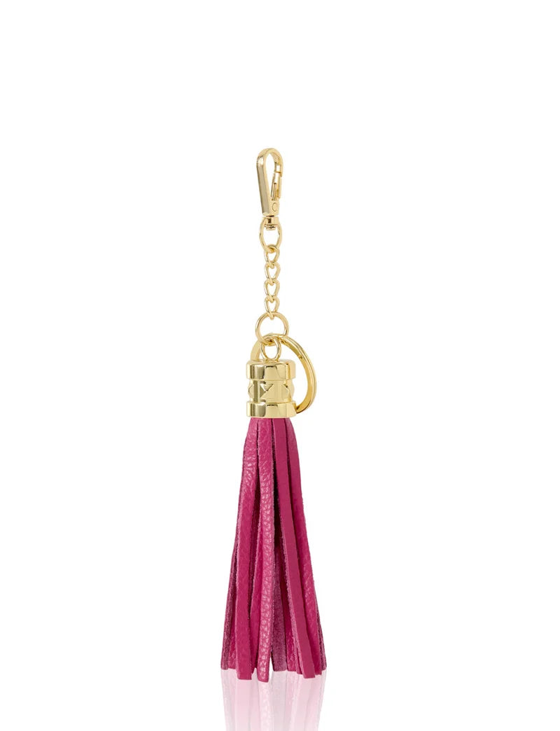 Italian Leather Tassel Keyring & Bag Charm in fuchsia with gold-tone hardware — MERLEORA