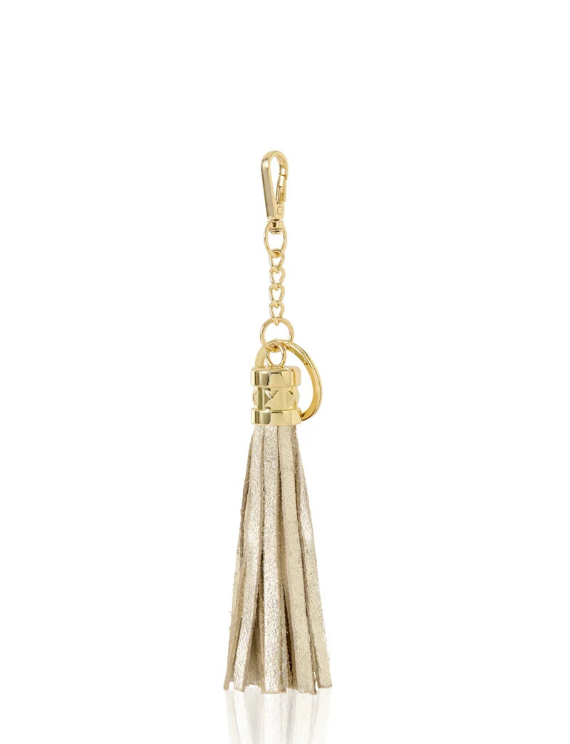 Italian Leather Tassel Keyring & Bag Charm in gold with gold-tone hardware — MERLEORA