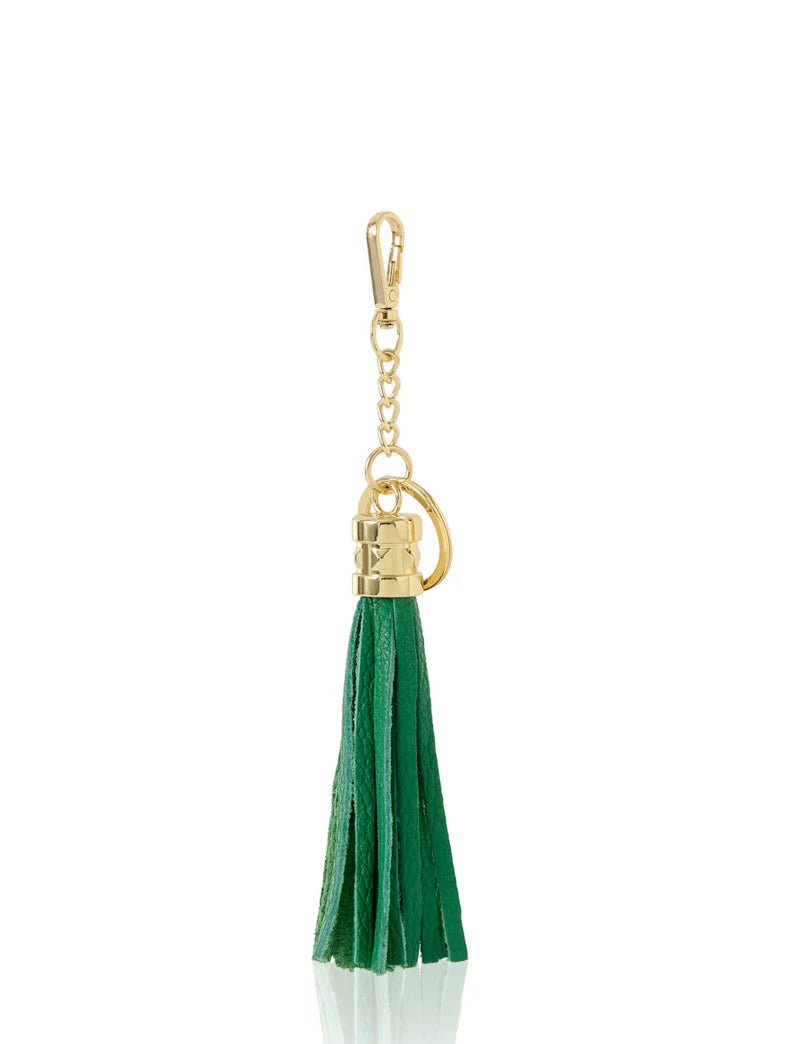Italian Leather Tassel Keyring & Bag Charm in green with gold-tone hardware — MERLEORA