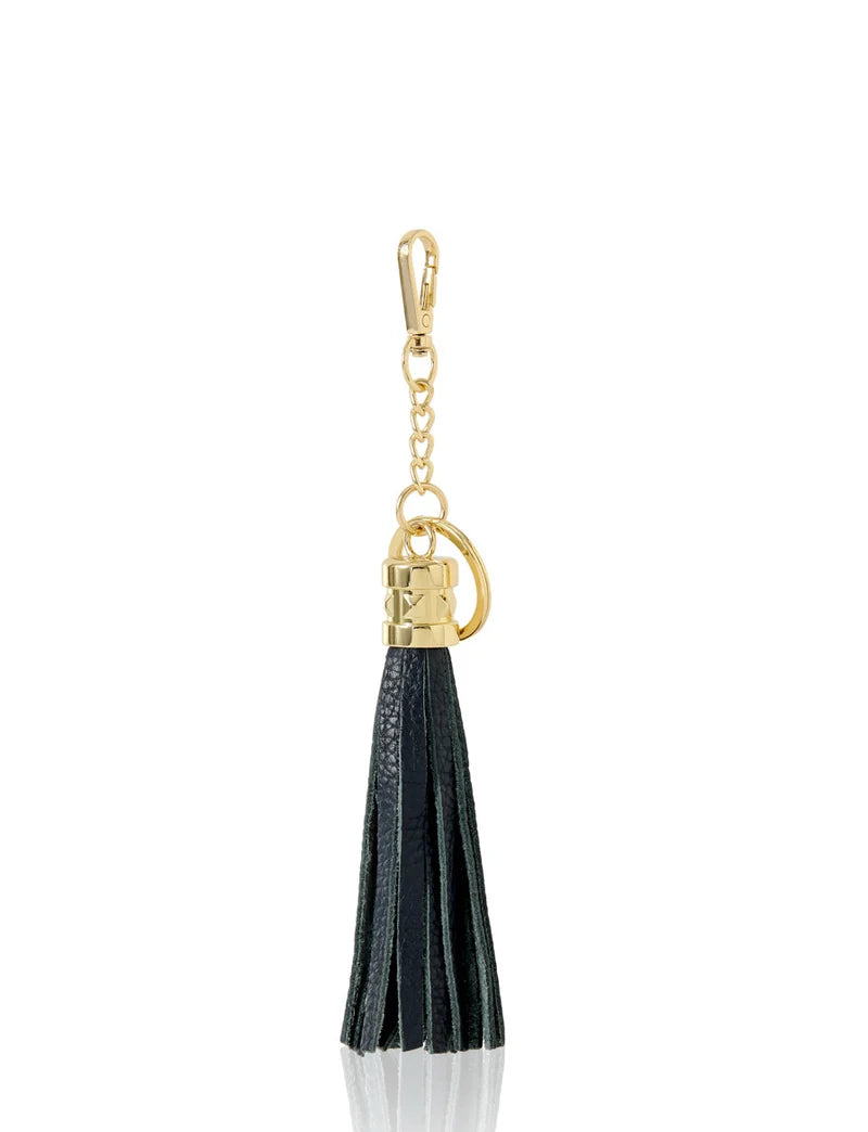 Italian Leather Tassel Keyring & Bag Charm in navy with gold-tone hardware — MERLEORA