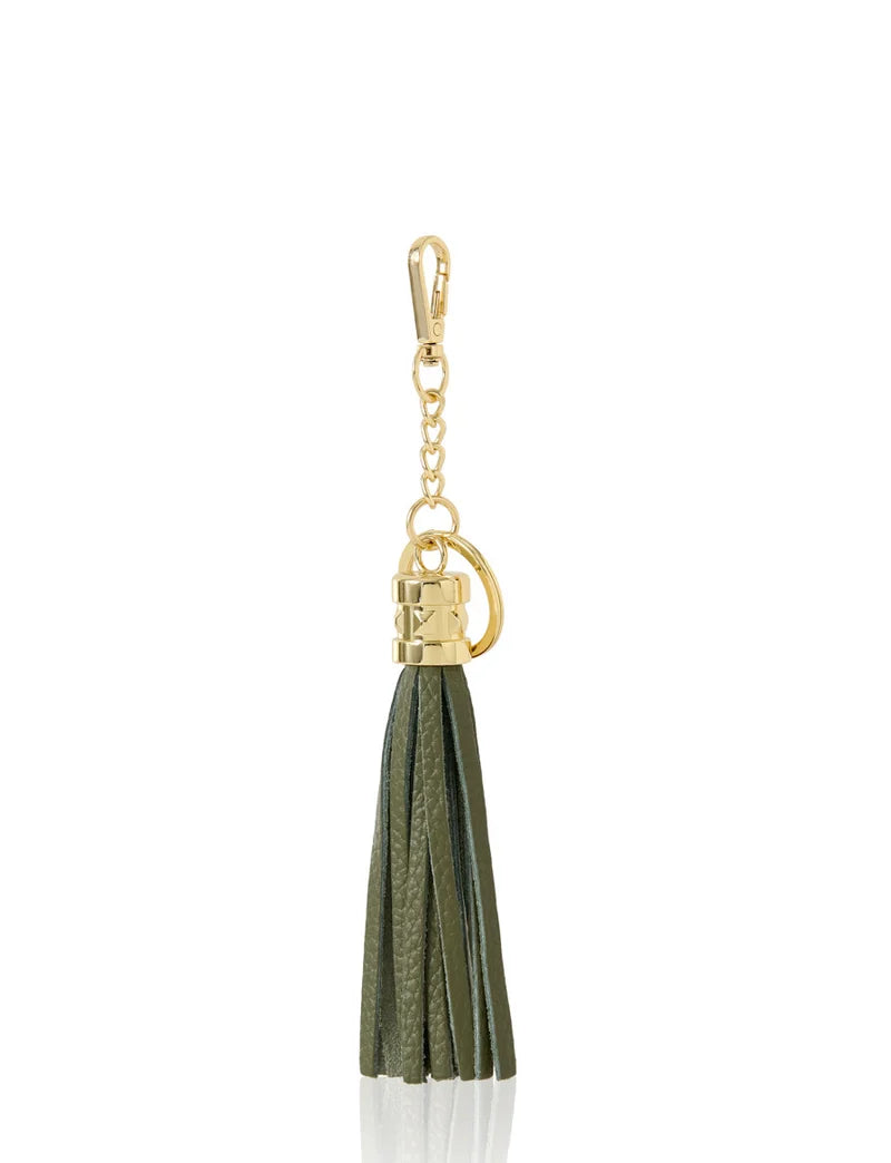 Italian Leather Tassel Keyring & Bag Charm in olive green with gold-tone hardware — MERLEORA