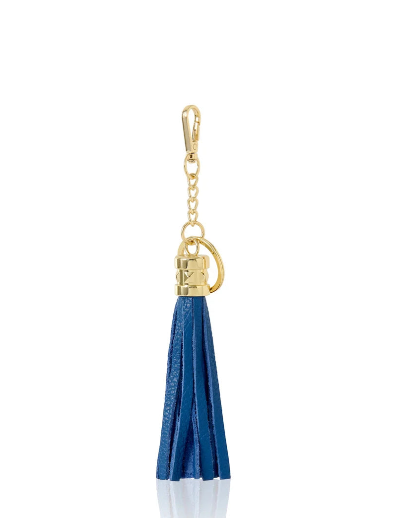 Italian Leather Tassel Keyring & Bag Charm in royal blue with gold-tone hardware — MERLEORA