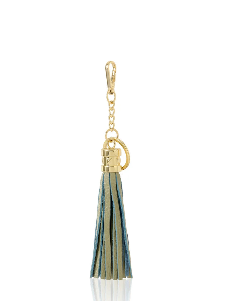 Italian Leather Tassel Keyring & Bag Charm in sage olive with gold-tone hardware — MERLEORA