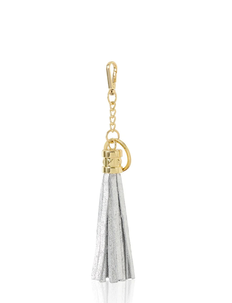 Italian Leather Tassel Keyring & Bag Charm in silver with gold-tone hardware — MERLEORA