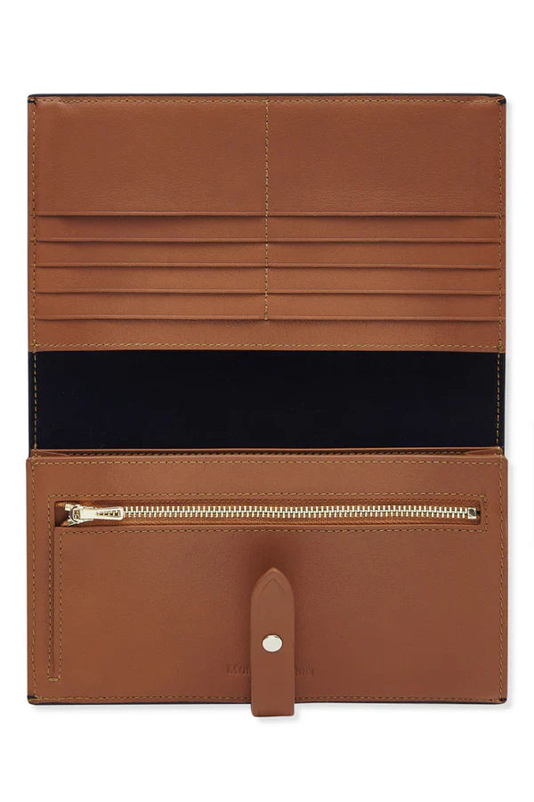 Open wallet image: Italian genuine leather continental wallet open showing tan leather interior with multiple card slots and zip coin pocket | MERLEORA