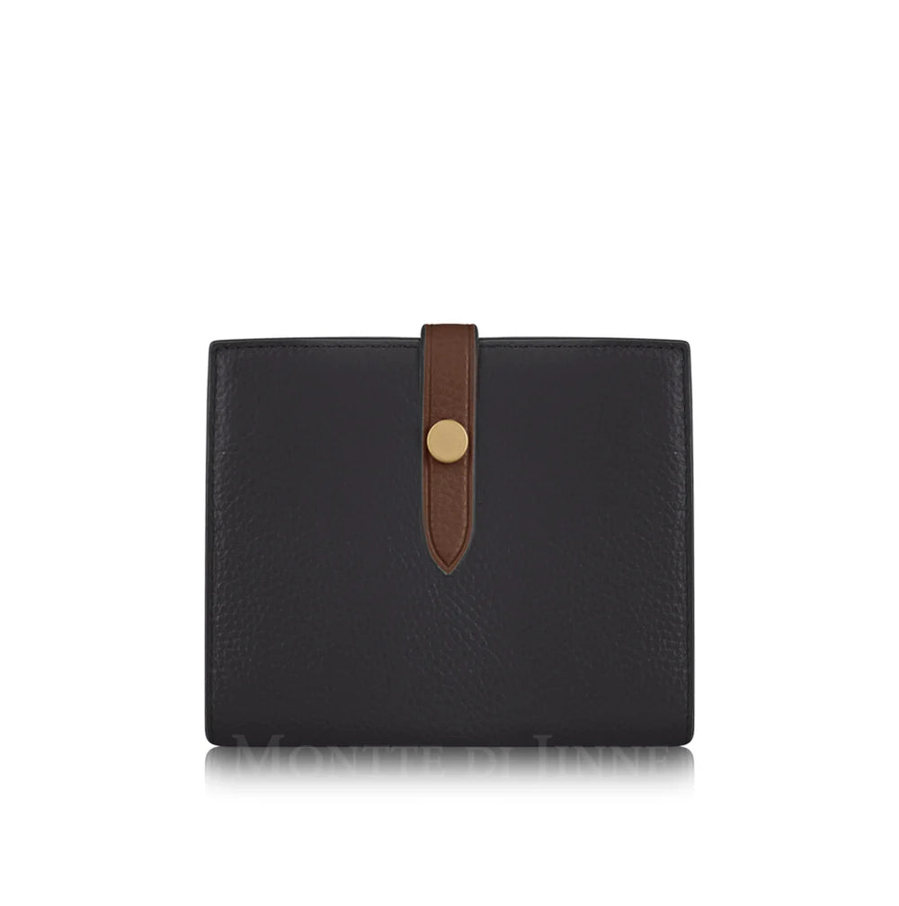 Black/Taupe: Black and taupe Italian leather compact bi-fold wallet with contrasting tab closure, handmade in Italy | MERLEORA