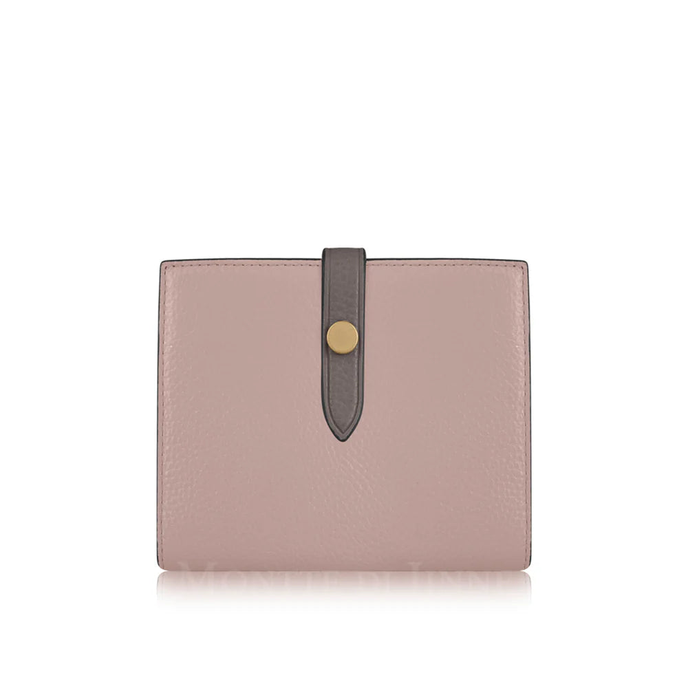 Dusty Pink/Dark Grey: Dusty pink and dark grey Italian leather compact bi-fold wallet with contrasting tab closure, handmade in Italy | MERLEORA