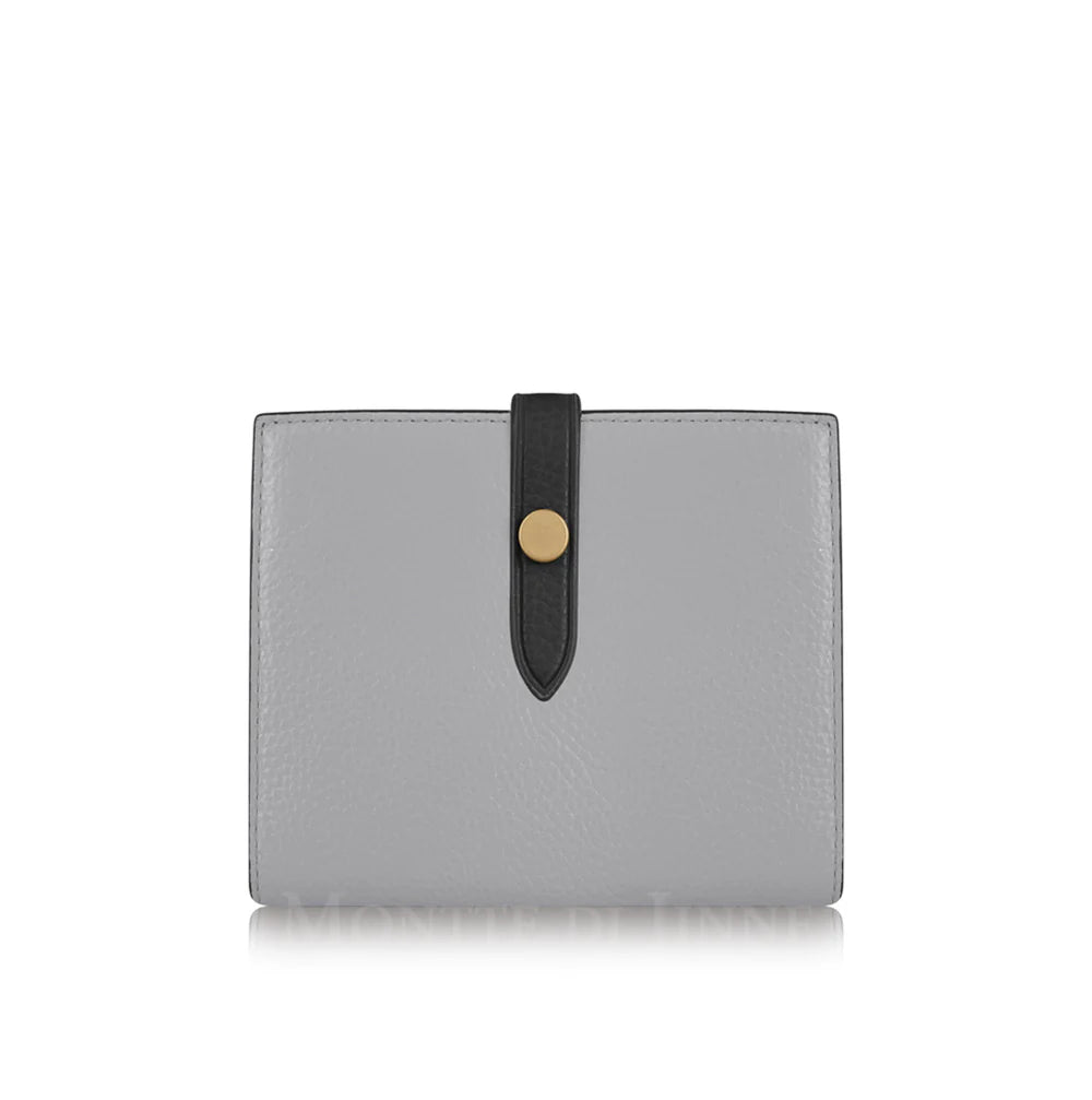 Grey/Black: Grey and black Italian leather compact bi-fold wallet with contrasting tab closure, handmade in Italy | MERLEORA