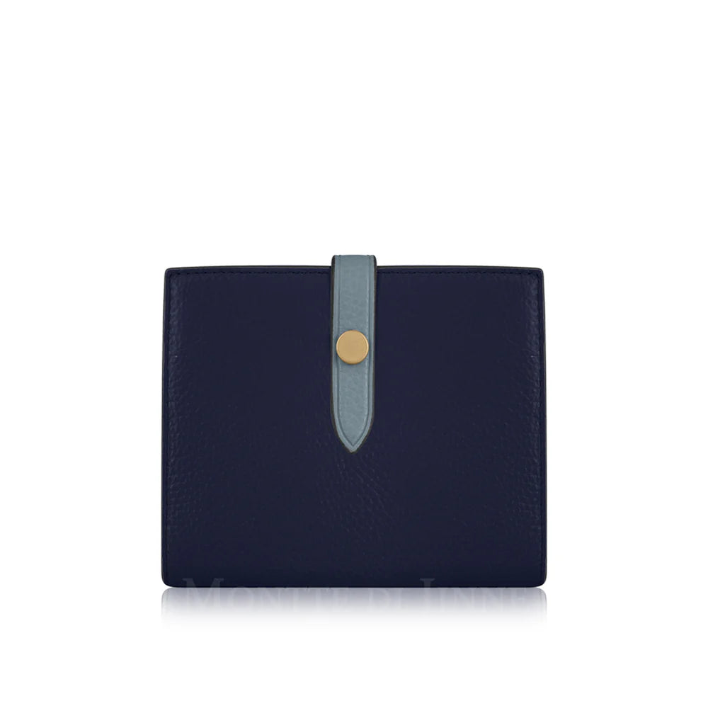 Navy/Pale Blue: Navy and pale blue Italian leather compact bi-fold wallet with contrasting tab closure, handmade in Italy | MERLEORA