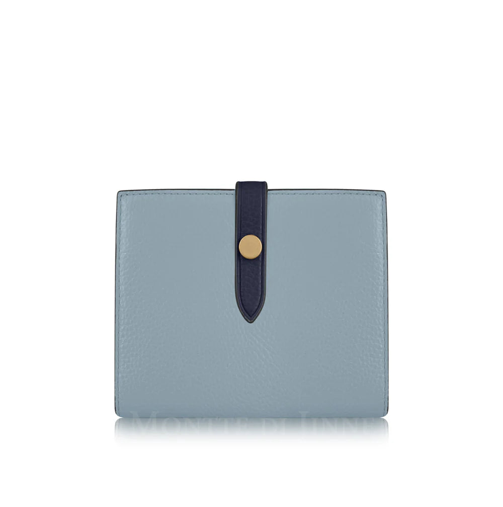 Pale Blue/Navy: Pale blue and navy Italian leather compact bi-fold wallet with contrasting tab closure, handmade in Italy | MERLEORA