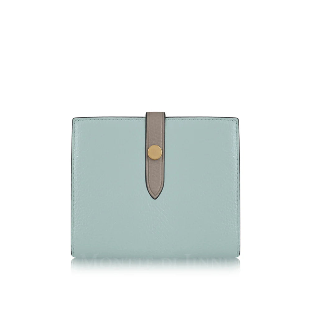 Pale Green/Grey: Pale green and grey Italian leather compact bi-fold wallet with contrasting tab closure, handmade in Italy | MERLEORA