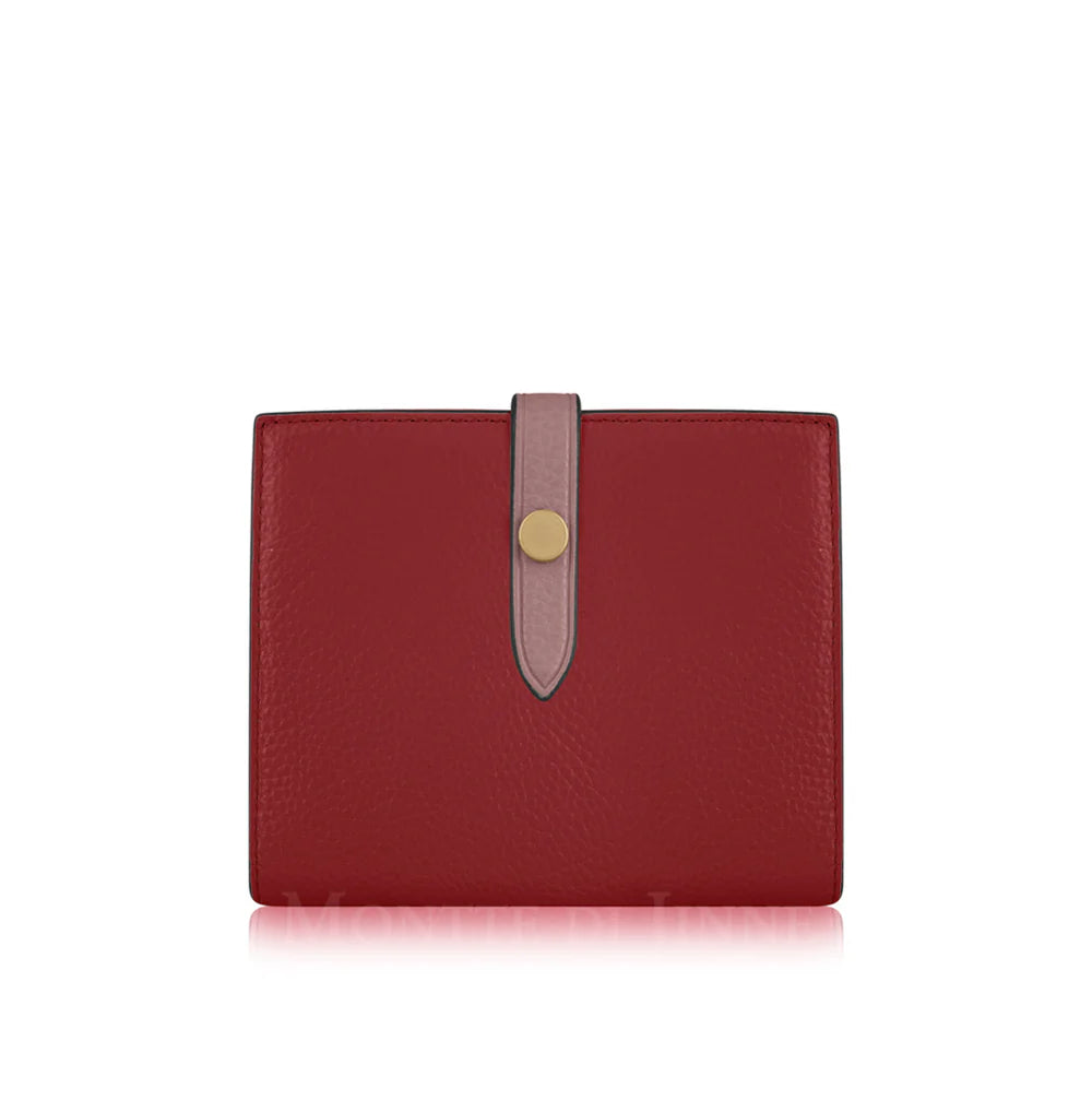 Red/Rose Pink: Red and rose pink Italian leather compact bi-fold wallet with contrasting tab closure, handmade in Italy | MERLEORA