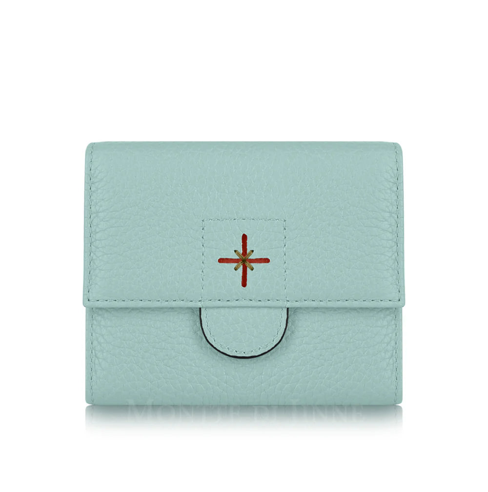 Aqua: Aqua croc-embossed Italian leather compact trifold wallet with press-stud closure, handmade in Italy | MERLEORA