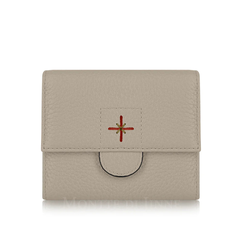 Beige: Beige croc-embossed Italian leather compact trifold wallet with press-stud closure, handmade in Italy | MERLEORA