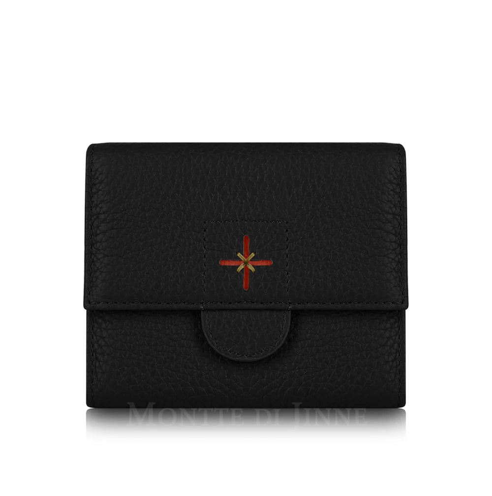 Black: Black croc-embossed Italian leather compact trifold wallet with press-stud closure, handmade in Italy | MERLEORA