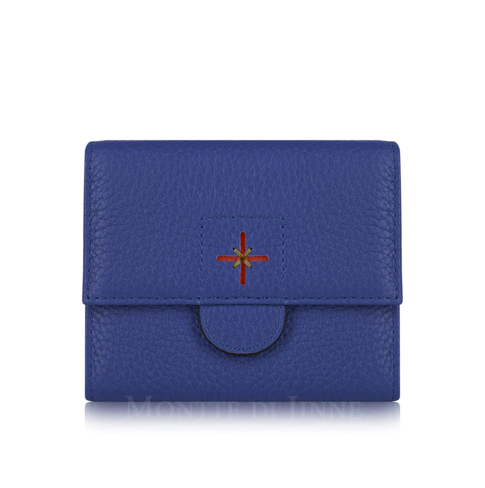 Blue: Blue croc-embossed Italian leather compact trifold wallet with press-stud closure, handmade in Italy | MERLEORA
