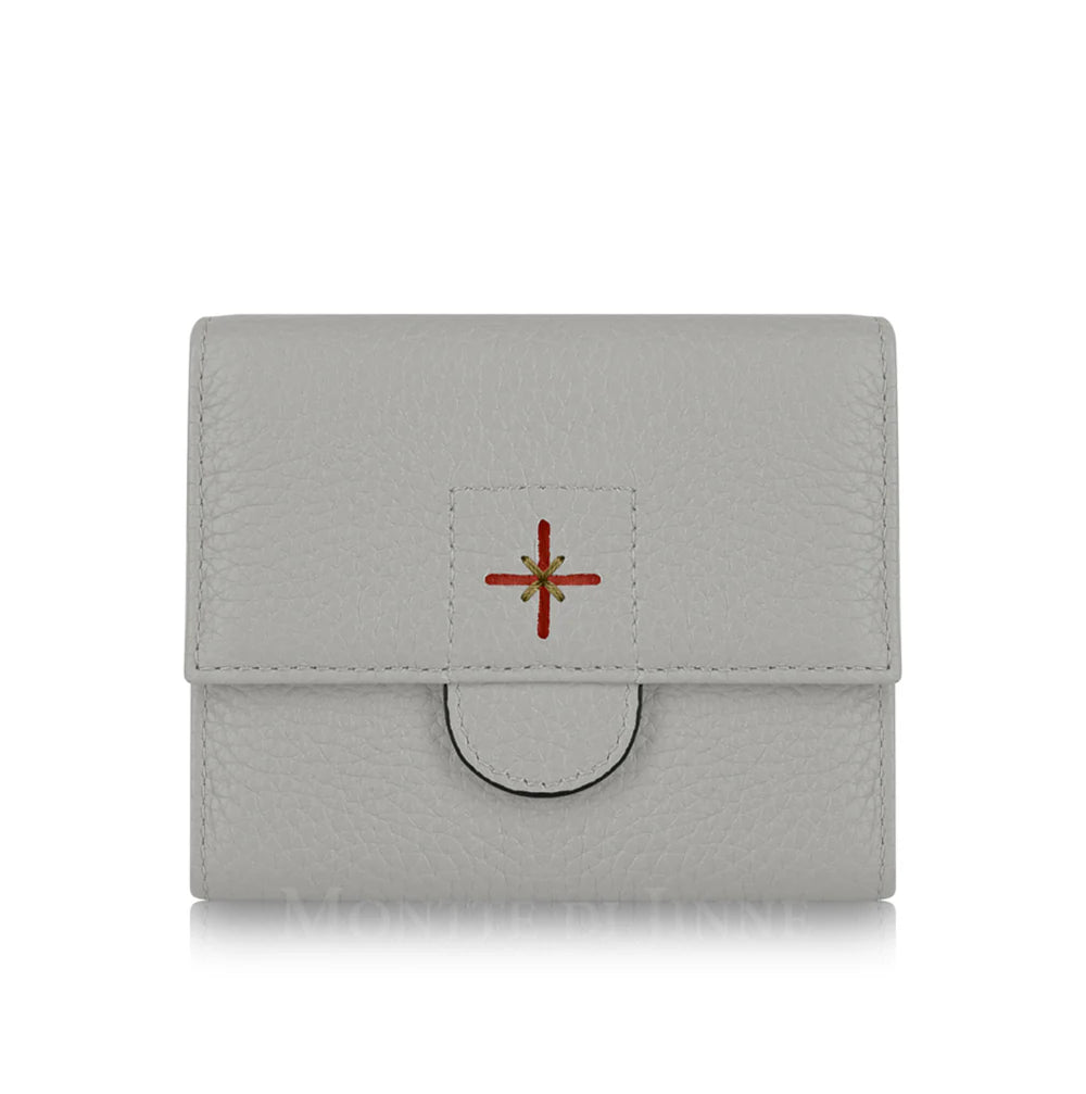 Light Grey: Light grey croc-embossed Italian leather compact trifold wallet with press-stud closure, handmade in Italy | MERLEORA