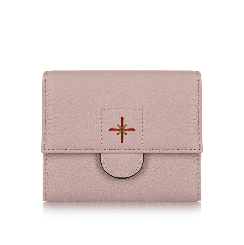 Pink: Pink croc-embossed Italian leather compact trifold wallet with press-stud closure, handmade in Italy | MERLEORA