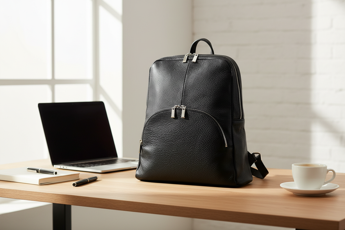 Italian handmade soft grainy leather backpack in black on an oak desk with open laptop and coffee | MERLEORA