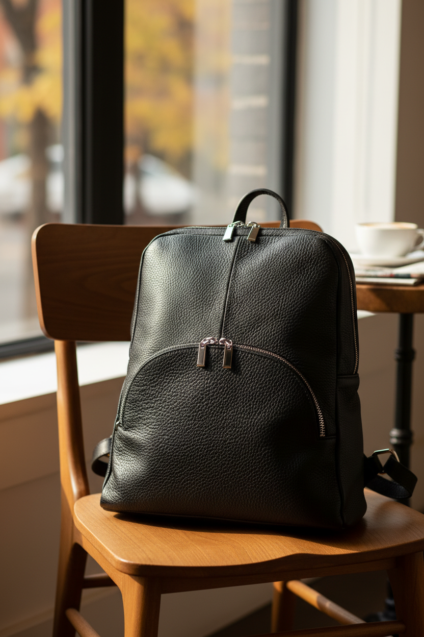 Italian handmade soft grainy leather backpack in black on a wooden cafe chair in morning light | MERLEORA