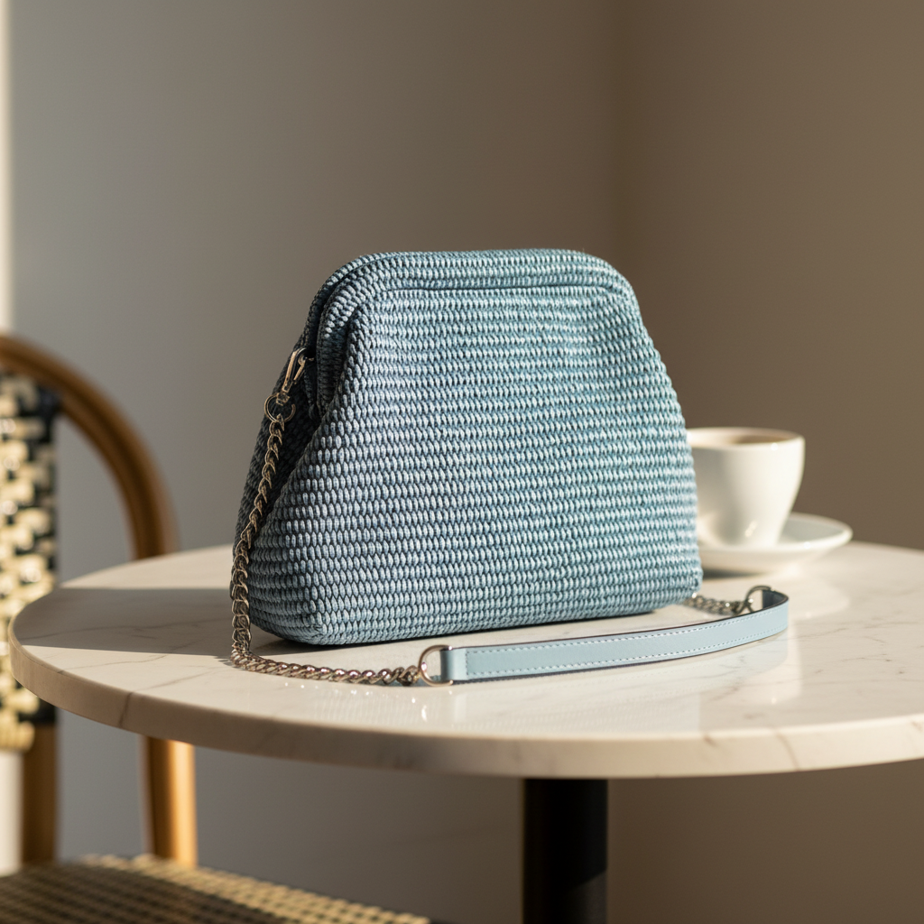 Italian raffia straw crossbody bag with vintage frame design in denim blue, styled on a café table