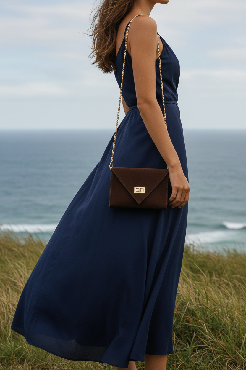 Italian suede occasion bag held at coastal clifftop with ocean backdrop