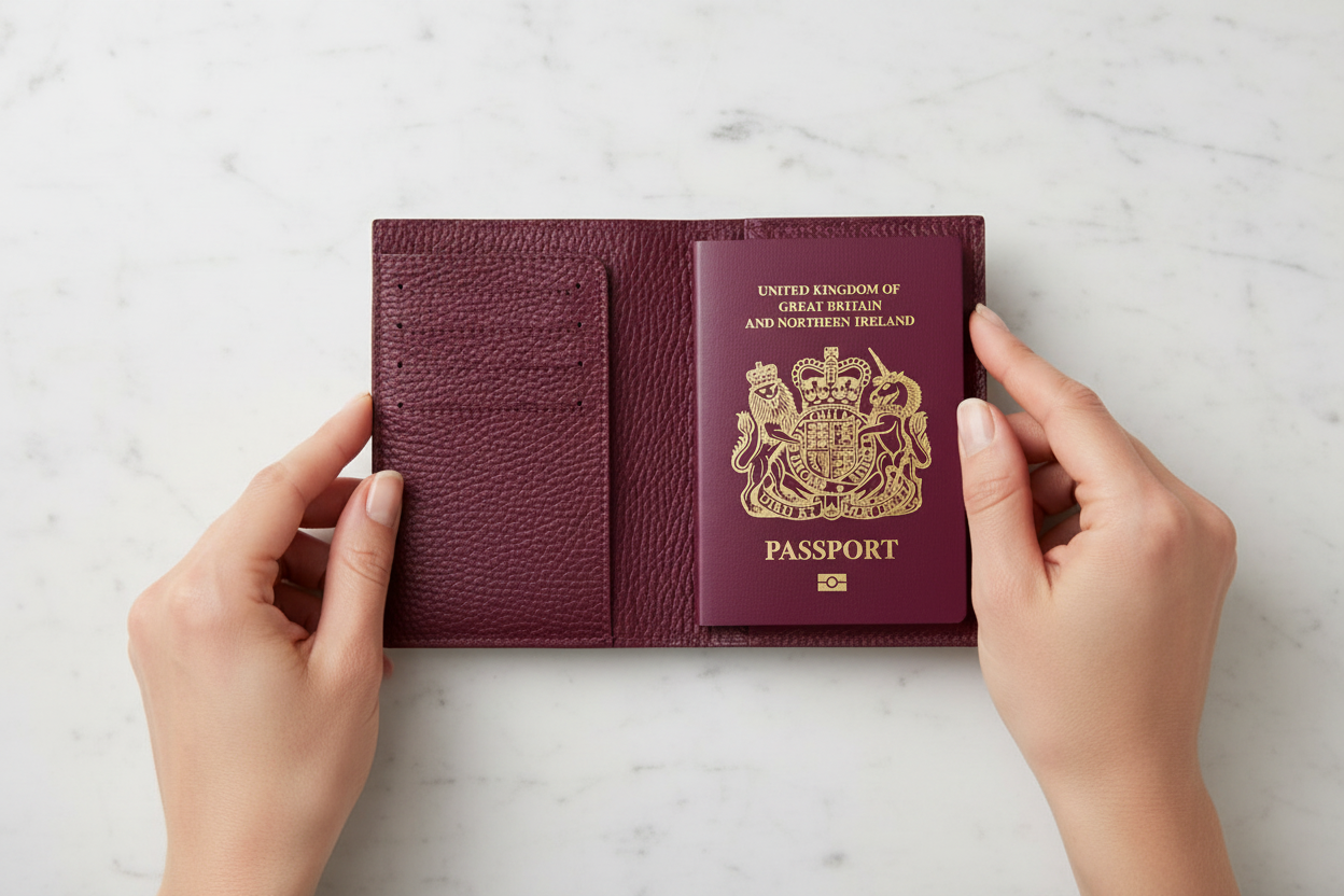 Italian Handmade Leather Passport and Card Holder in Red shown open - Handmade in Italy - MERLEORA
