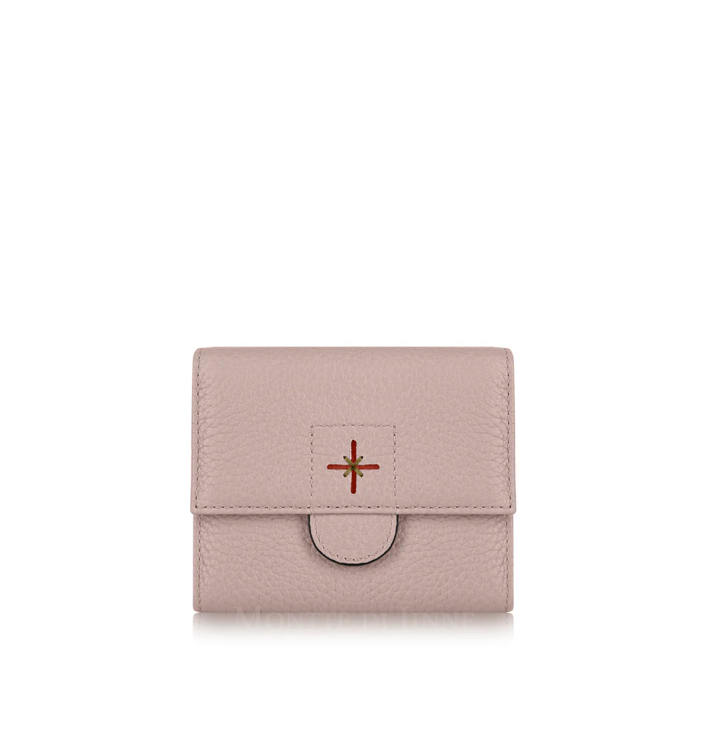 Hero (exterior/front): Pink croc-embossed Italian leather compact trifold wallet with star press-stud closure, handmade in Italy | MERLEORA