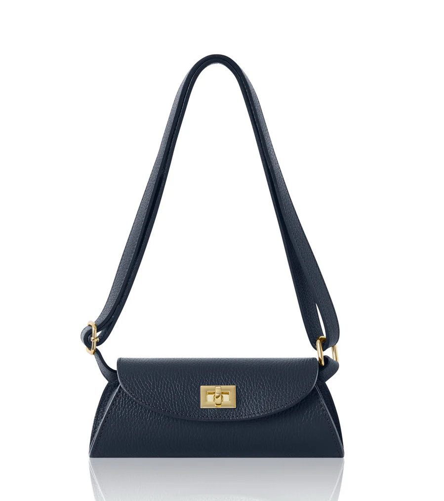 Black compact shoulder bag with curved flap and gold-tone clasp MERELORA