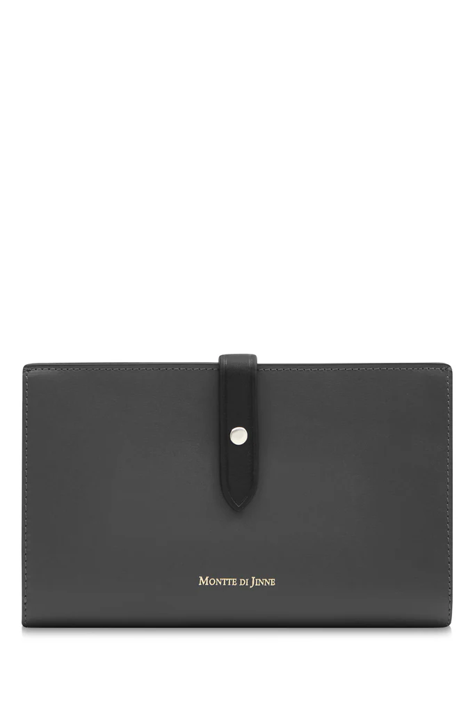 Black/Grey: Black and grey Italian leather continental wallet with contrasting tab closure, handmade in Italy | MERLEORA