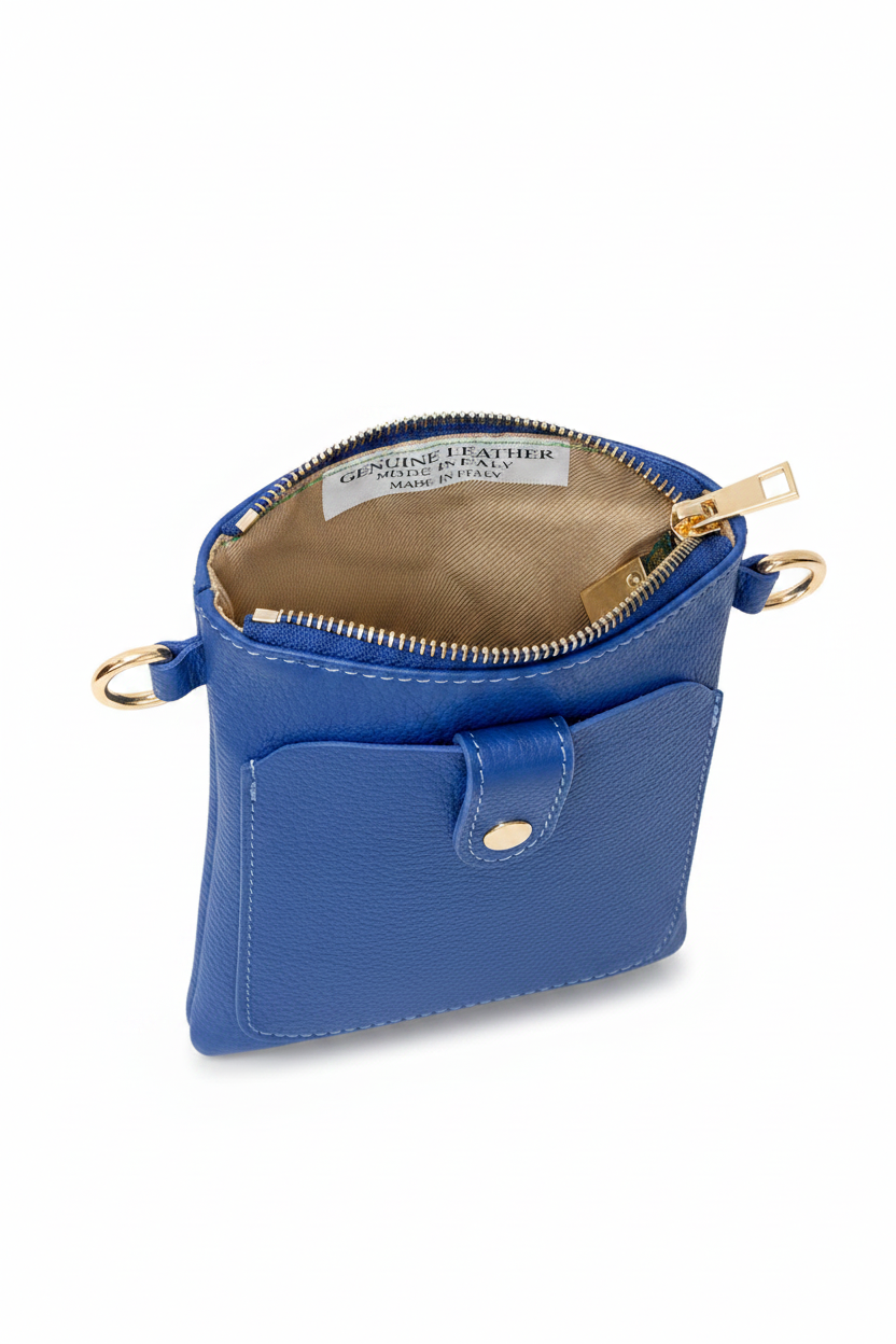 Italian Leather Crossbody Bag – Royal Blue Interior Open – MERLEORA