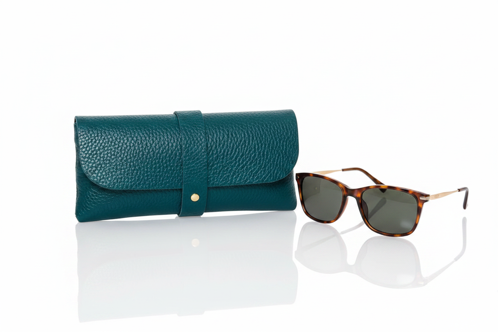 Dark Teal lifestyle: Italian leather glasses pouch in dark teal with gold-tone tab closure, styled with sunglasses on marble surface | MERLEORA