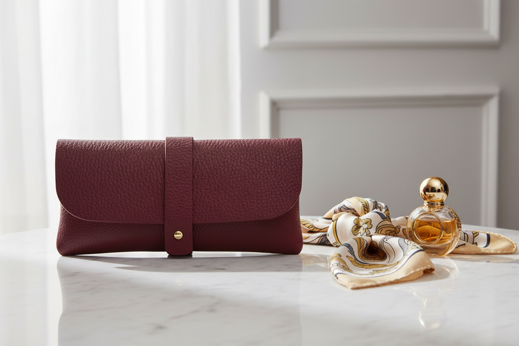 Italian leather glasses pouch in burgundy with gold-tone tab closure, styled with perfume bottle and silk scarf | MERLEORA