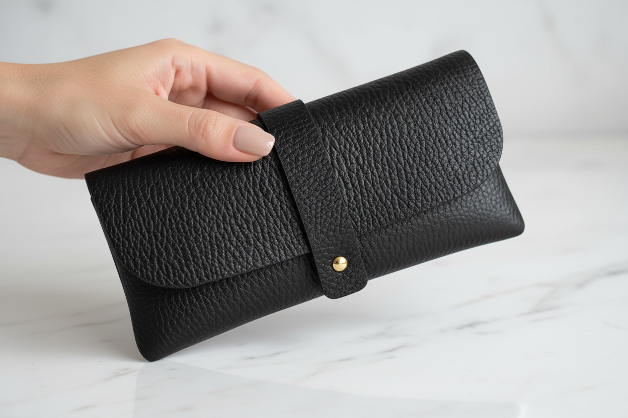 Well-manicured hand holding an Italian genuine leather glasses pouch with gold-tone tab closure | MERLEORA