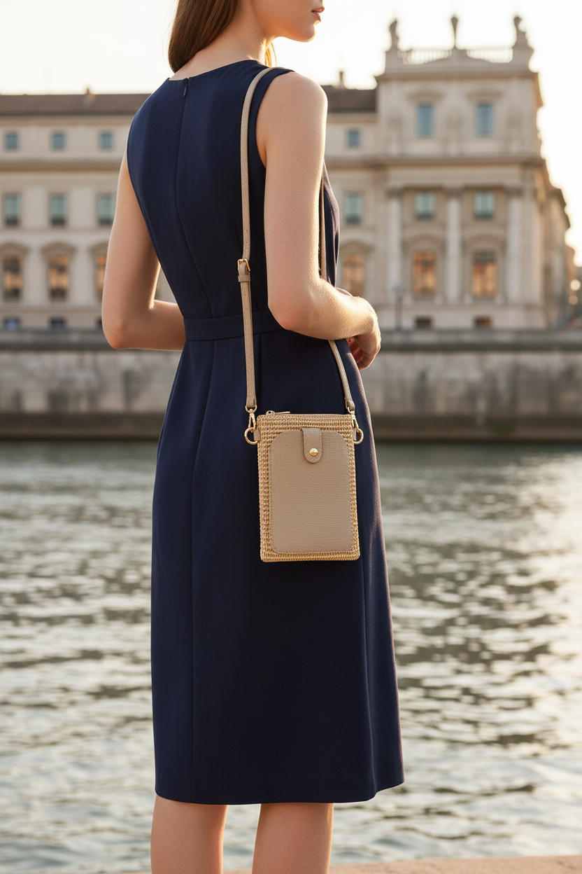 Italian raffia and leather crossbody phone bag worn crossbody in light taupe | MERLEORA
