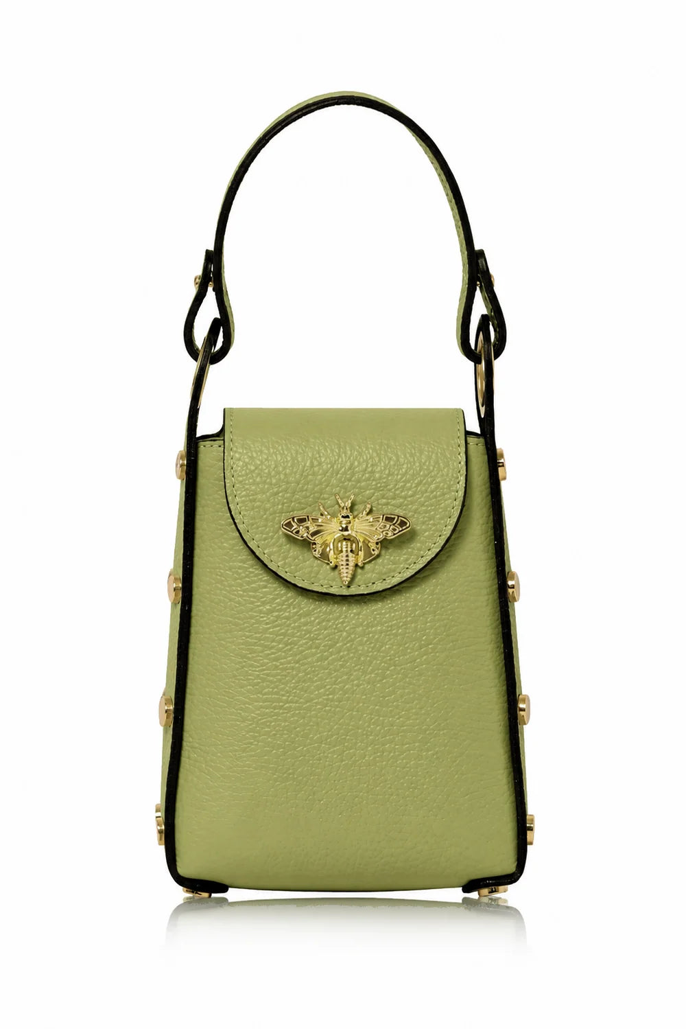 Sage Olive Italian Leather Mini Bee Bag with Gold Bee Clasp & Chain Strap | MERLEORA