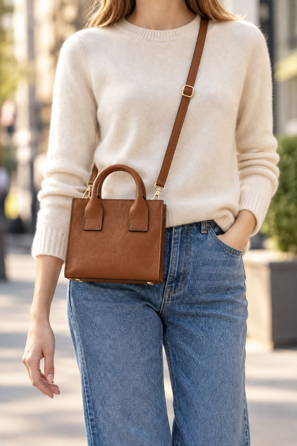 Italian Handmade Leather Mini Structured Tote in Dark Tan with gold-tone hardware, worn crossbody | MERLEORA